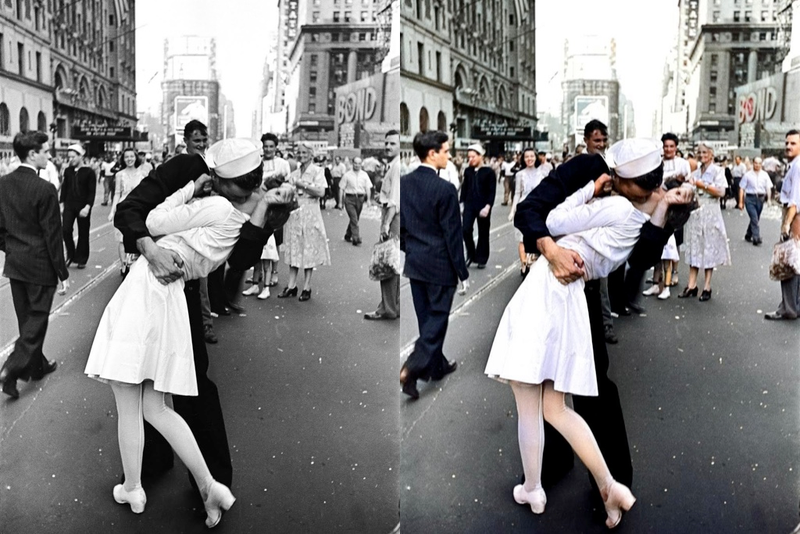 El beso (1945) / a la derecha, la versión coloreada por Colourise.sg